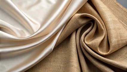 This image features a contrast between a smooth, shiny light beige fabric, possibly silk, and a more rustic, textured light brown fabric with natural folds and drapes