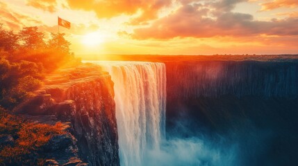 Fototapeta premium Majestic sunset over a waterfall with vibrant colors and a flag in the background