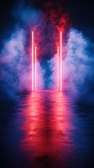 Vibrant neon lights illuminate a misty pathway in an atmospheric setting during nighttime