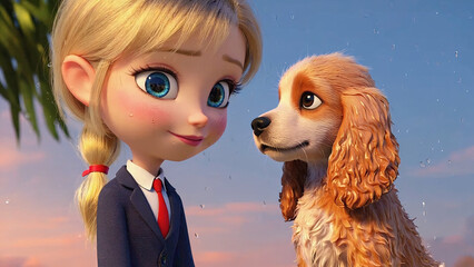 A Cartoon Girl and Her Dog with a bond of friendship and happiness