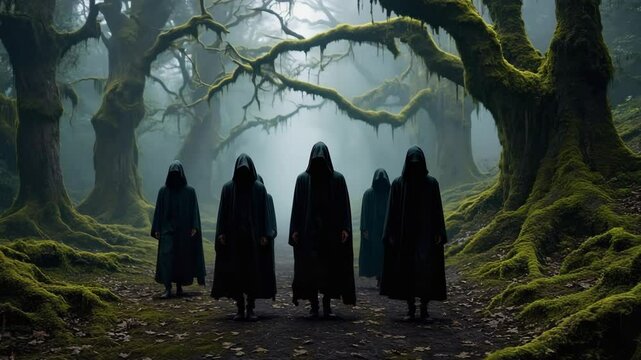 Sinister hooded figures congregate in a misty forest with trees covered in lush moss, evoking a sense of mystery and foreboding