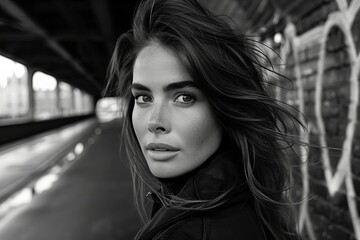 Powerful and confident black and white portrait of a model in an industrial setting.