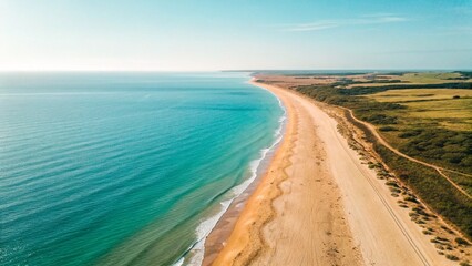 A breathtaking aerial view of a pristine coastline where turquoise ocean water meets a sandy beach, bordered by lush green hills under a bright blue sky with scattered clouds