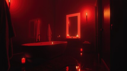 A dimly lit bathroom bathed in an unsettling red glow