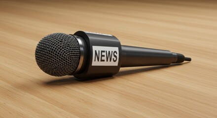 Obraz premium Black microphone with news on it sits on a wooden surface.