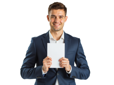 Business portrait isolated on white transparent background: A smiling young man in a navy suit holds a blank white sheet of paper, presenting it directly to the viewer against a clean white backgrou