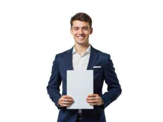 Business portrait isolated on white transparent background: A young man in a navy suit and white shirt confidently holds a blank white sheet of paper, smiling directly at the camera against a light 