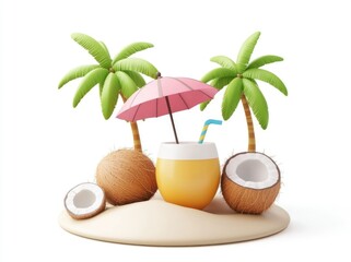 Tropical Beach 3D Scene with Coconut Drink, Palm Trees, and Umbrella  Summer Vacation Concept

