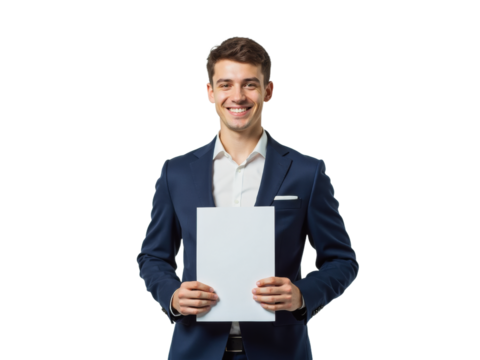 Business portrait isolated on white transparent background: A young man in a navy suit and white shirt confidently holds a blank white sheet of paper, smiling directly at the camera against a light 