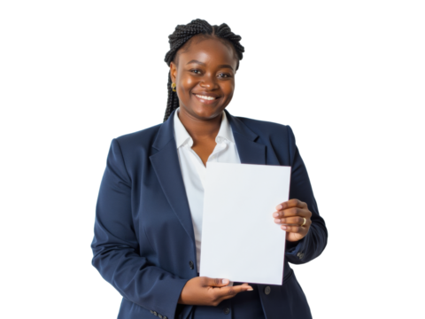 Business portrait isolated on white transparent background: A confident young Black woman in a navy blazer and white shirt holds a blank white paper, smiling directly at the camera against a plain w