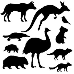 Set of Australian Animals Black Silhouette Illustrations