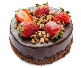 Chocolate cake topped with fresh strawberries and hazelnuts