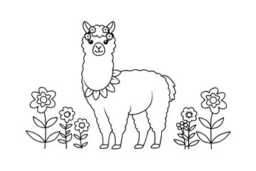 Cute Llama With Flowers Coloring Page Illustration For Kids Art
