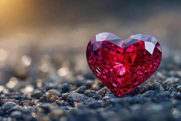 Fototapeta premium Heart-shaped ruby stone on gravel, shimmering in sunlight.