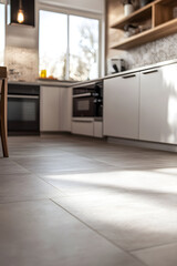 Modern Kitchen Featuring Sleek Ceramic Tiles with Geometric Patterns and Neutral Tones