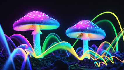 This image features two large, glowing mushrooms with purple caps adorned with white spots. 