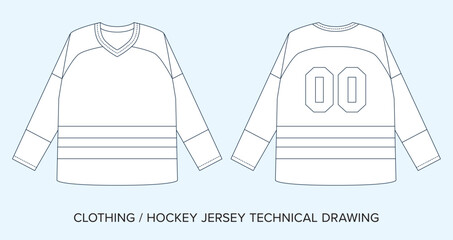 Hockey Sports Jersey Tee, Technical Drawing, Apparel Blueprint for Fashion Designers