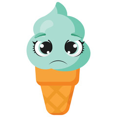 Sad mint ice cream cone with big eyes and frown expression, perfect for children's activities, educational content, packaging or character-based storytelling illustrations
