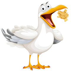 funny seagull with a french fry in its beak silly expression cartoon clip art white background