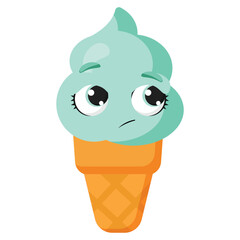 Green ice cream cone character with sad expression, perfect for children’s books, playful packaging, dessert-themed illustrations, or fun educational materials for kids