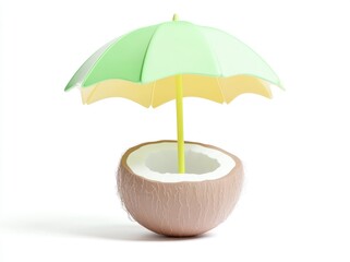 Cute Cartoon Beach Scene 3D Icon – Tropical Island with Coconut, Palm Trees, and Umbrella

