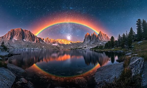 rainbow in the night sky over a mountain lake video