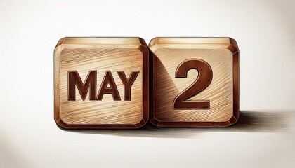Illustration of wooden blocks with date 2 May. Day and month, simple calendar
