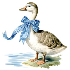goose with bonnet and blue ribbon around its neck vintage storybook illustration white background