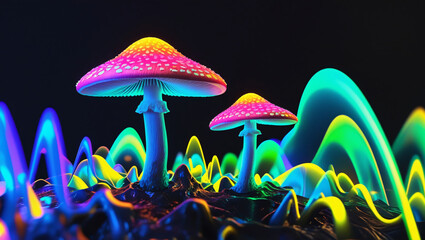 This image features two glowing mushrooms with caps in shades of pink and orange, adorned with white spots.