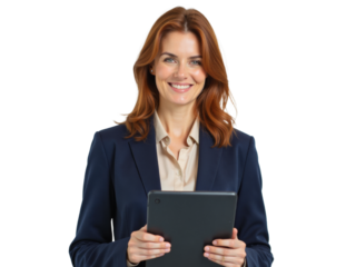Business portrait isolated on white transparent background: A smiling businesswoman with auburn hair stands confidently while holding a tablet in a professional setting, wearing a navy blazer over a