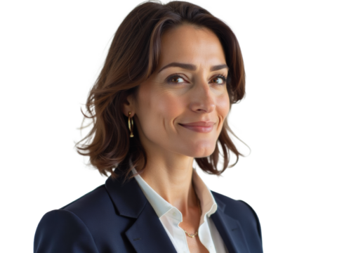 Business portrait isolated on white transparent background: A confident woman with dark hair and a warm smile gazes slightly off-camera while wearing a navy blue blazer over a white shirt.