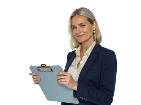 Business portrait isolated on white transparent background: A confident businesswoman with blonde hair smiles warmly while holding a clipboard against a neutral background, conveying professionalism