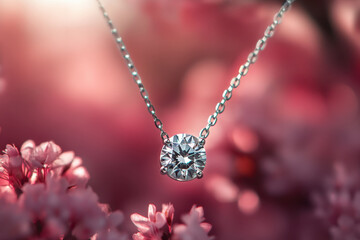 Diamond necklace gracefully draped over a delicate pink bloom.