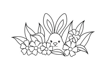 Obraz premium Cute Bunny Peeking Through Flowers And Leaves Black And White Outline
