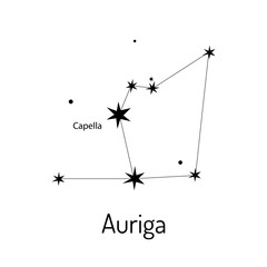 Vector illustration of the Auriga constellation with labeled Capella star. Simple black and white astronomy design, perfect for educational or astrological use.