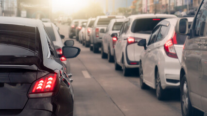Transportation luxury of black cars on the road. Open light brake waiting to release traffic...