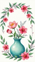 Obraz premium Delicate watercolor floral wreath surrounding a vase with flowers and greenery , floral, flowers