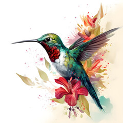 Obraz premium hummingbird in tropical jungle surrounded by colorful leaves and flowers vibrant digital painting white background
