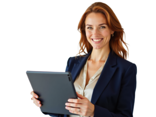 Business portrait isolated on white transparent background: A confident businesswoman with auburn hair smiles warmly while holding a tablet, dressed in a navy blazer and silk blouse against a plain 