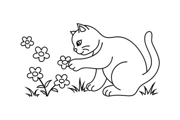 Whimsical Black And White Outline Of Cat Playing With Flowers In Meadow