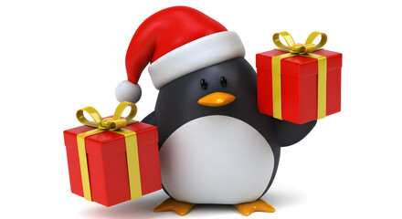 Illustration: Cute Penguin in Santa Hat with Gifts, Christmas.