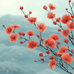Obraz premium Branch with orange flowers against a blurred blue and white background.