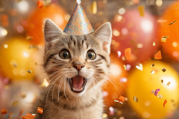 Close-up of tabby kitten wearing party hat amidst confetti and blurred balloons, conveying joy and celebration, ideal for festive themes