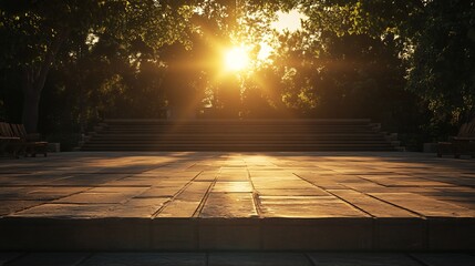 Empty outdoor stage sunset backdrop of setting sun soft warm lighting stage ready performance atmosphere filled anticipation detailed texture of stage natural lighting create cinematic look ideal
