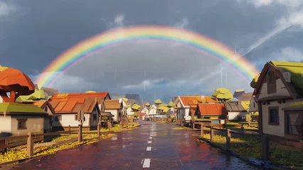 A picturesque village street with a vibrant rainbow arching over the sky. The scene evokes a sense of hope and joy, with the rainbow symbolizing promise and new beginnings.