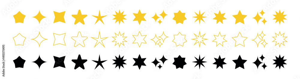 Poster set of different vector sparkling stars icon, decorative twinkle and bursts forms, abstract design. 
