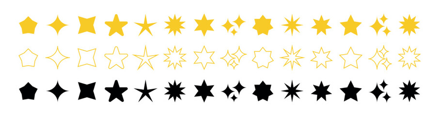 Obraz premium Set of different vector sparkling stars icon, decorative twinkle and bursts forms, abstract design. star shapes set, different star icon.