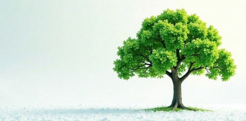 Obraz premium Tree with lush green leaves against a snowy white background, peaceful forest , forest scene, winter landscape trees