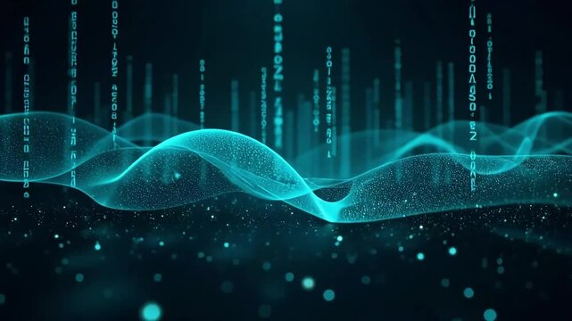 A futuristic digital landscape with flowing teal waves and binary code raining down in a dark setting