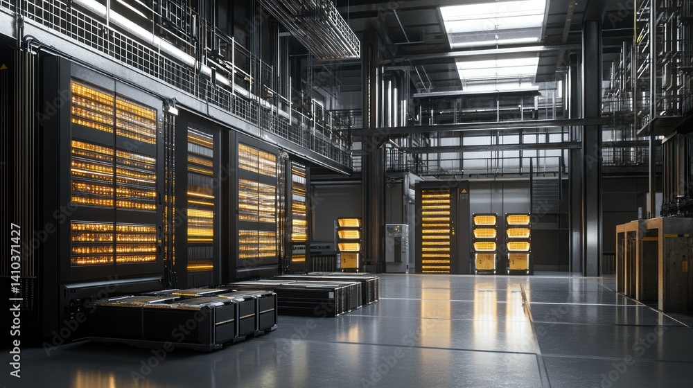 Poster a large data center with rows of server racks and equipment